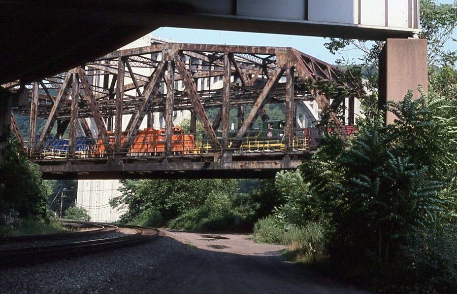 Union Railroad | Braddock, Pennsylvania | EMD MP15 #17, SD9 #61 and MP15DC 23 diesel-electric locomotives | Truss Bridge over Conrail | February 22, 1992 | Dick Flock photograph
