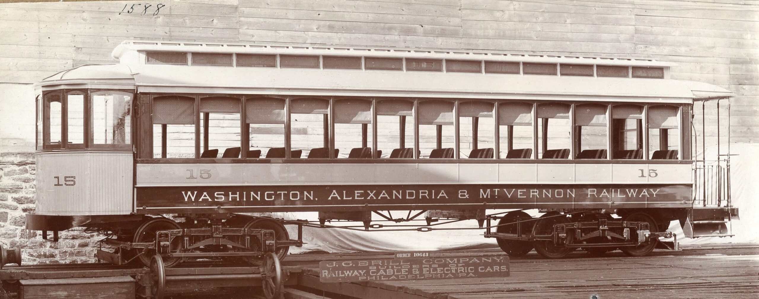 Washington, Alexandria and Mount Vernon Railway | Philadelphia, Pennsylvania | Car #15 | 1900 | J.G. Brill Company Photograph | NJCNRHS Collection