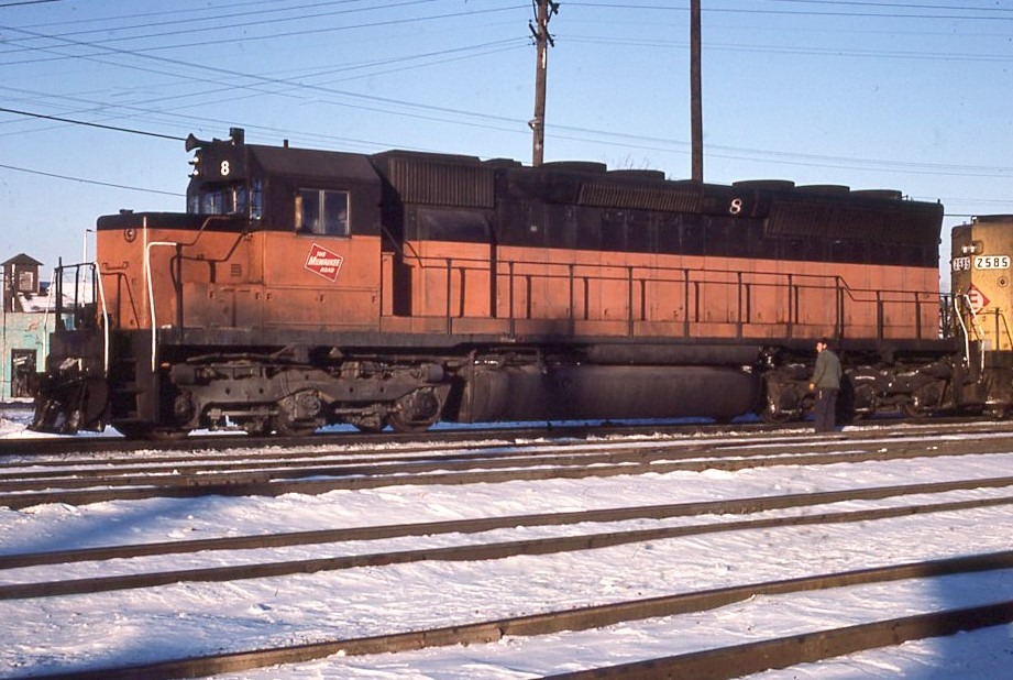 Milwaukee Road | Marion, Ohio | EMD SD45 #8 diesel-electric locomotive | January 9, 1973 | On Erie Lackawanna | Steven Timko photograph