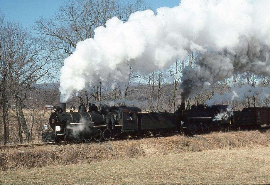 East Broad Top | Orbisonia, Pennsylvania | narrow gauge 2-8-2 #14 and 17 steam locomotives | February 1976 | Jack DeRosset photograph