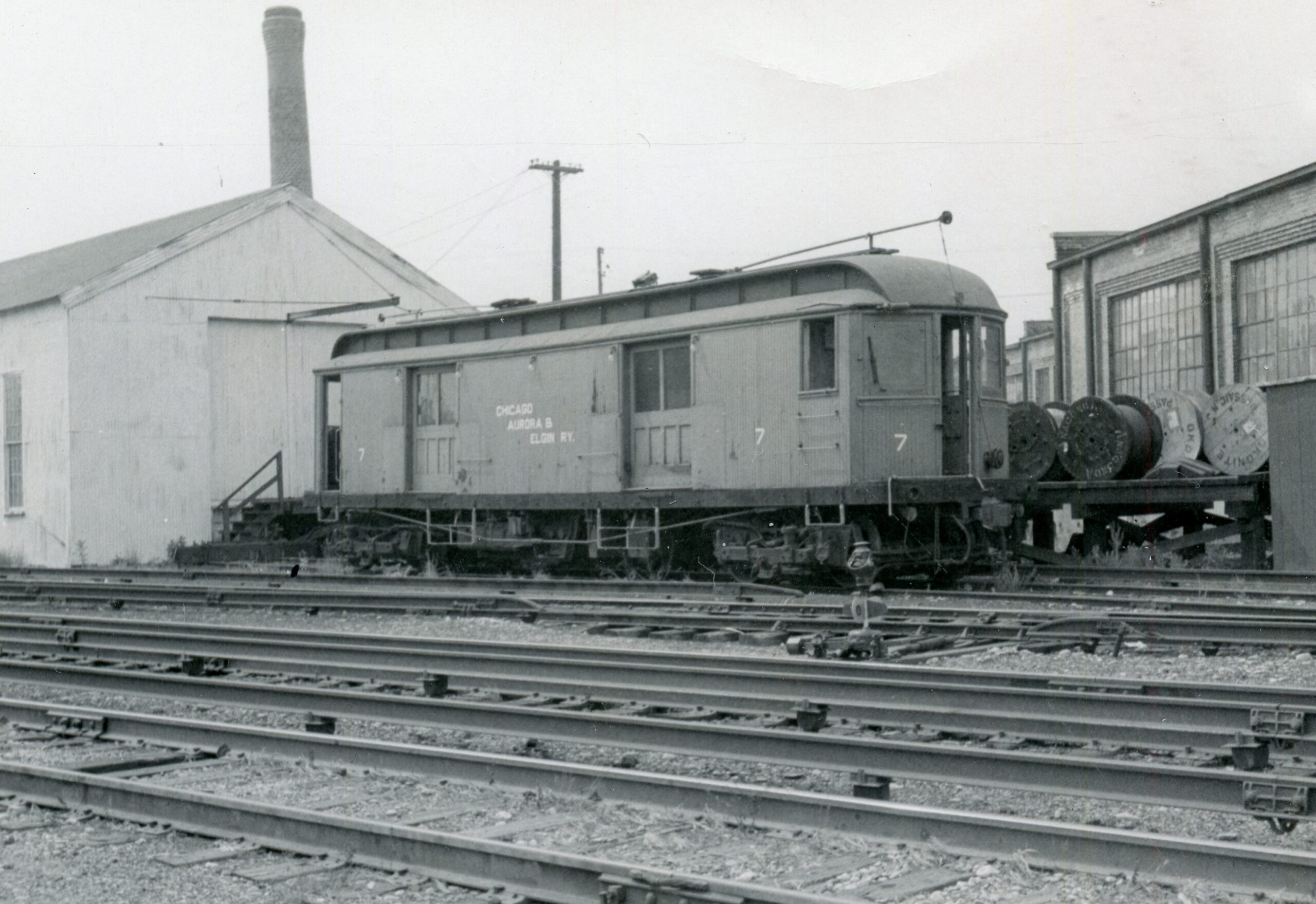 Chicago Aurora and Elgin | Wheaton, Illinois | Freight Motor #7 | August 21, 1953 | Al Craemer photograph | NJCNRS Collection