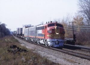 Atchison Topeka and Santa Fe Railway | Willow Spring, Illinois | EMD class F7a 329 + 2 F7b Diesel-electric locomotive | Freight train | November 1962 | Emery Gulosh Photo