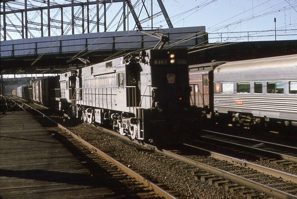 Pennsylvania Railroad | Trenton, New Jersey | GE Class E44 #4447 electric motor | eastbound freight | August, 1957 | William Rosenberg photograph