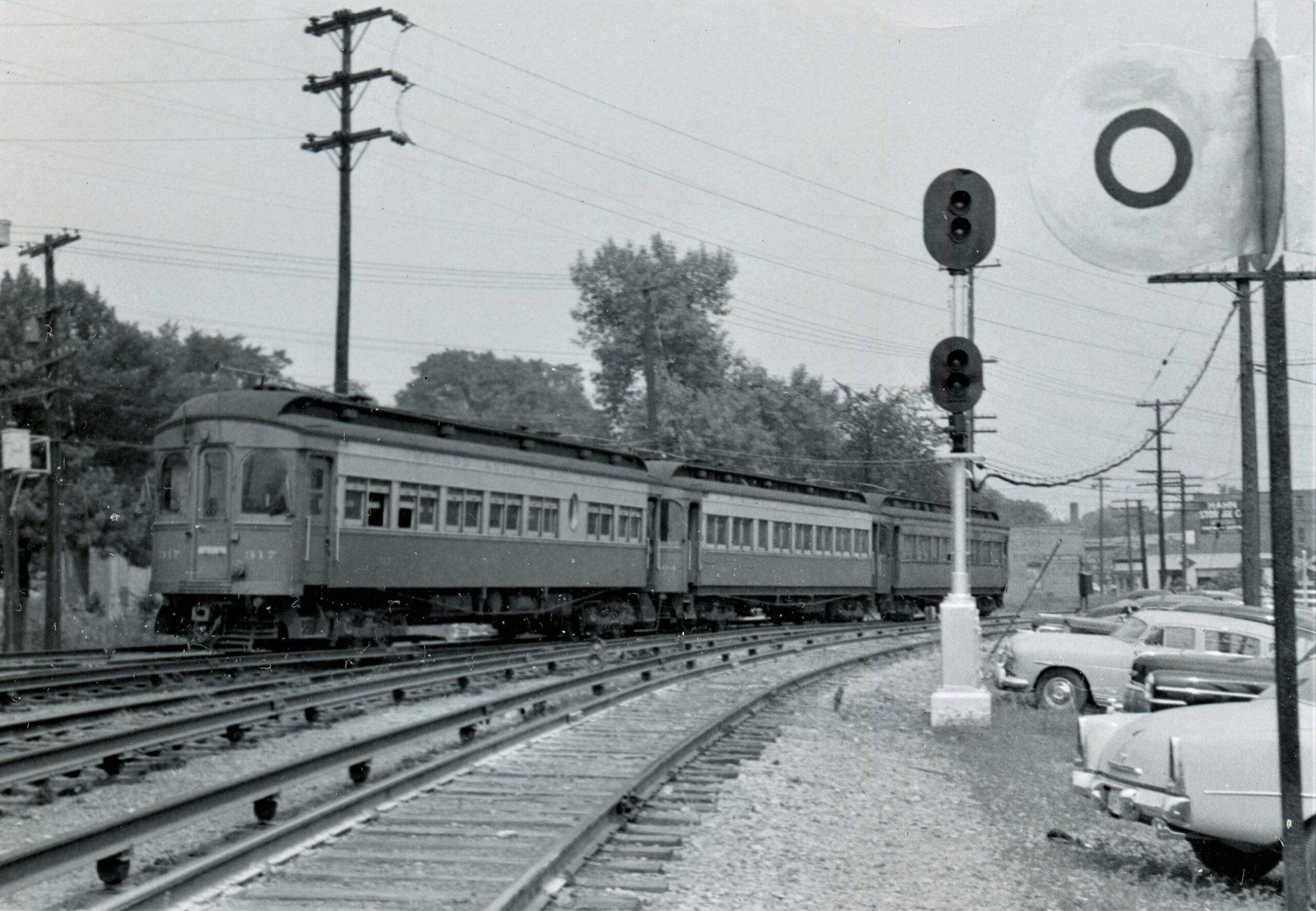 Chicago Aurora and Elgin | Wheaton, Illinois | Kuhlman Car 317, 304 and 201 | August 21,1953 | Al Creamer photograph | NJCNRHS Collection