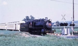 Pennsylvania Railroad | Strasburg, Pennsylvania | Class D16 4-4-0 #1223 steam locomotive | Strasburg RR Passenger Train | August, 1970 | John Hilton photograph