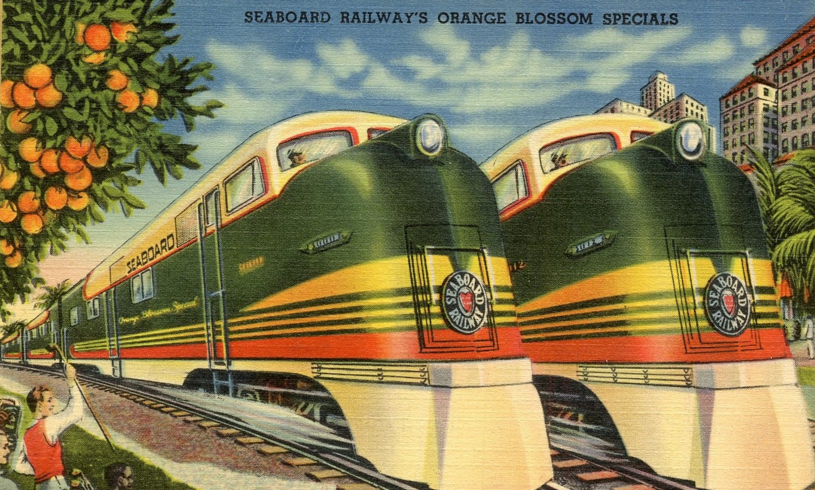 Seaboard Railways | Miami, Florida | EMD E6a diesel-electric locomotives | Orange Blossom Special | Linen Postcard Acme Photo | 1940