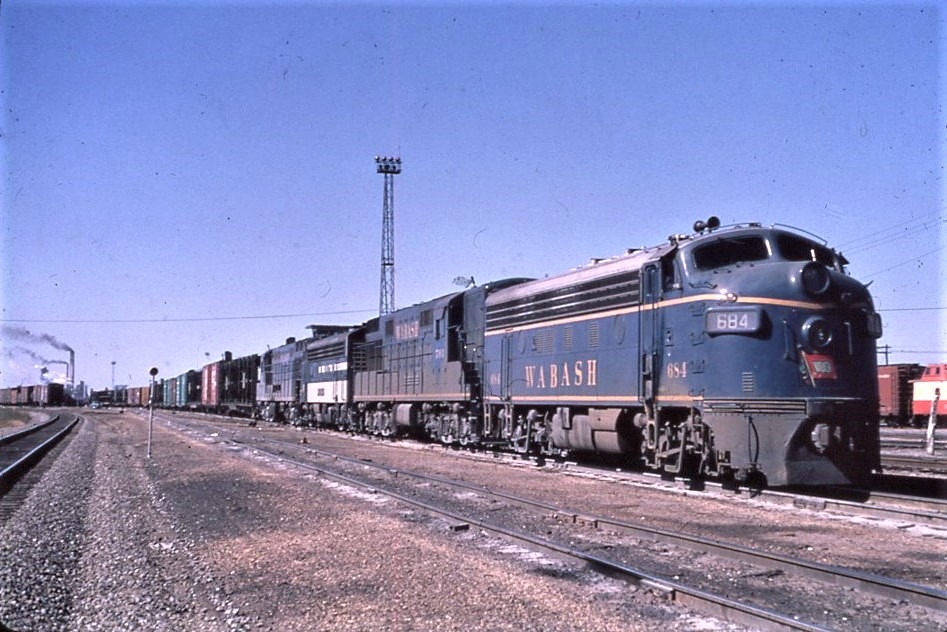 Wabash Railroad | Decatur, Illinois | Class EMD F7a #654 + 2 diesel electric locomotive | freight train | October 13,1964 | Richard Wallin photograph | Elmer Kremkow collection