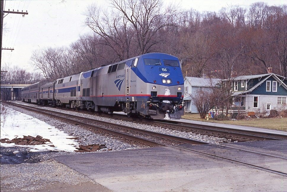 Amtrak | on – CSX Transportation | Point-of-Rocks, Maryland | GE Class D9-42B 156 & 82 diesel-electric locomotives | Train #30 Capital | east bound | March 5, 2003 | Dick Flock photograph