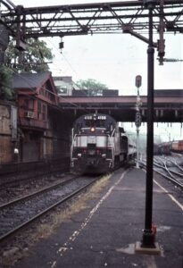 New Jersey Transit | Summit, New Jersey | GE U34CH #4168 diesel-electric locomotive | Commuter train | Summit Tower | October1,1983 | Charles Anderson photograph