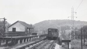 Philadelphia and Western | Conshohocken, Pennsylvania | Conshohocken Road Station | Stratford Car #160 | North Jersey NRHS special | June 16, 1957 | Al Creamer photograph