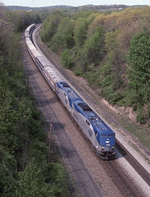Amtrak | on Norfolk Southern | Latrobe, Pennsylvania | Class GE D9-P42B #191 and 189 diesel electric locomotives | eastbound | Three Rivers | April30,2003 | Dick Flock photograph