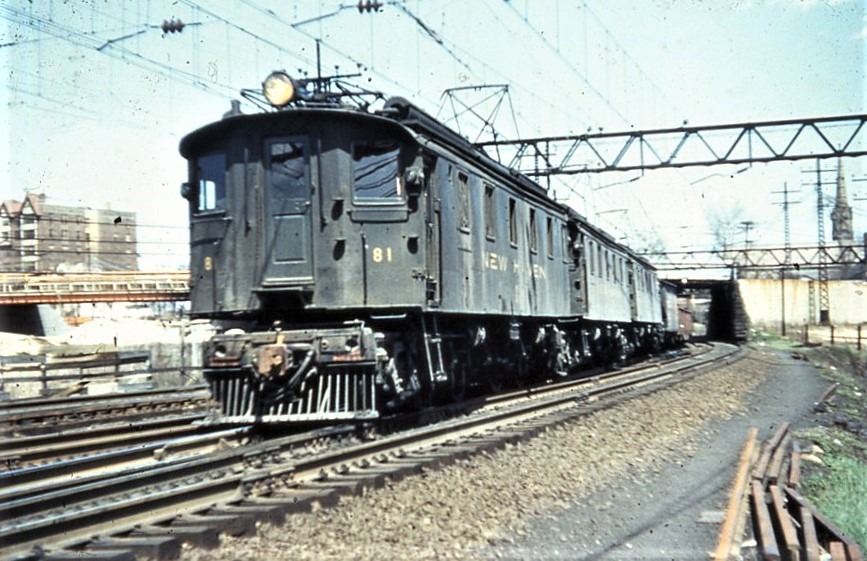 New Haven New York and Hartford Railroad | New Rochelle, New York | Class EF-1 #81 electric freight motor | freight train| April 13, 1956 | R.R.Wallin photograph | Richard Prince Collection