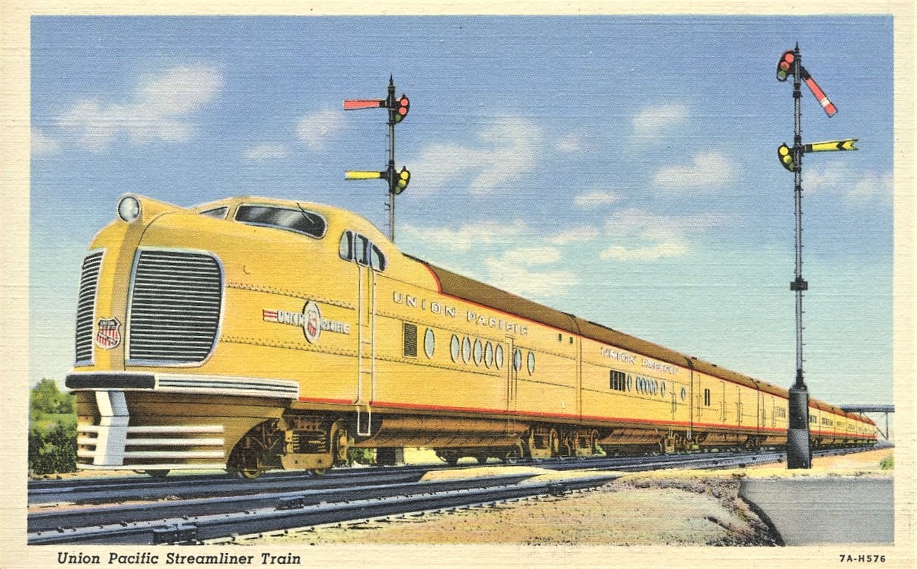 Union Pacific | Omaha, Nebraska | EMC Diesel-electric locomotive | Streamlined passenger train | 1939 | Barkalow Brothers postcard