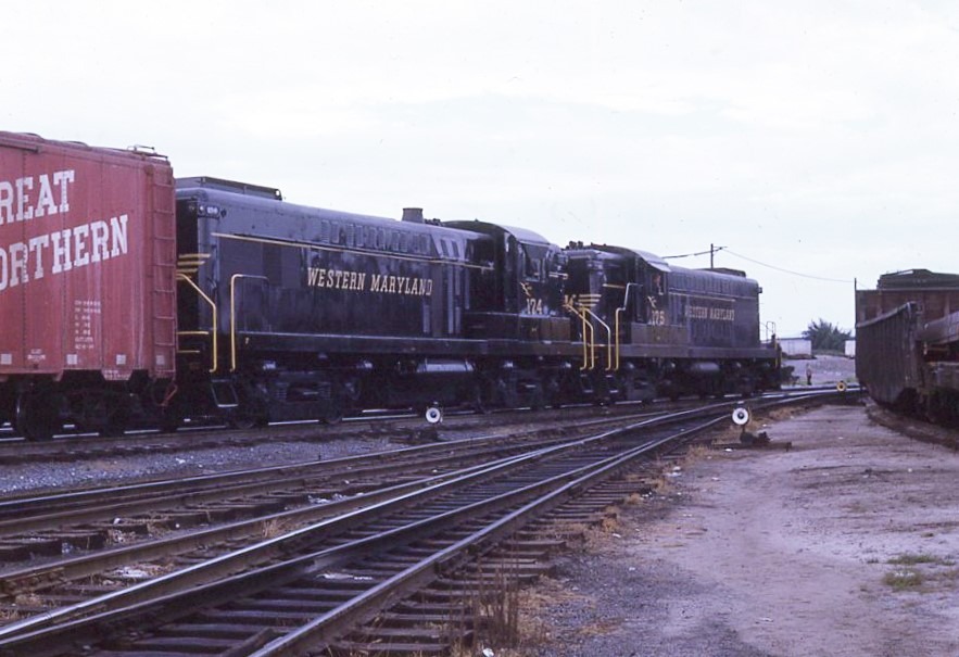 Western Maryland Railway | Hagerstown, Maryland | Class Baldwin AS16 #174 and #175 diesel electric locomotives | Shifting freight | August 15, 1967 | Jack DeRosset photograph