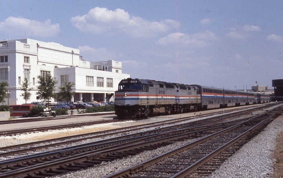 Amtrak | Dallas, Texas | EMD F40PH #296 and 393 diesel-electric locomotives | Texas Eagle | May 25, 1988 | Dick Flock photo