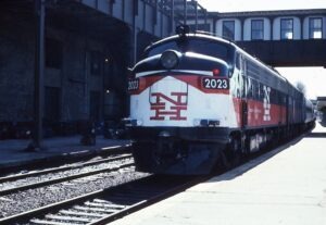 Metro North Commuter Railroad | Poughkeepsie, New York | EMD FL9 #2023 diesel-electric locomotive | New Haven paint scheme | March 8, 1986 | William Rosenberg photograph