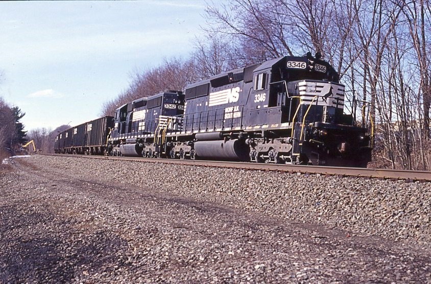 Norfolk Southern | Greensburg, Pennsylvania | EMD SD40-2 #3346 and 3342 diesel-electric locomotives | helpers westbound train 593 | February 27, 2003 | Dick Flock photograph