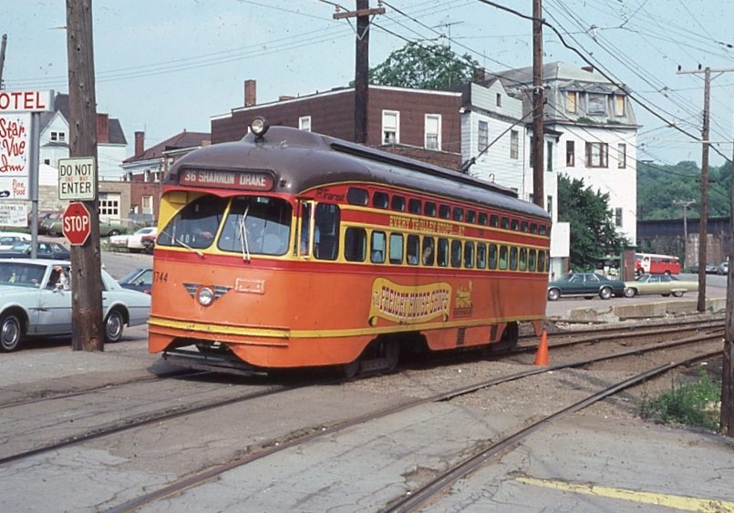 Pittsburgh Regional Transit | formerly PAT / Pittsburgh Railways | Pittsburgh, Pennsylvania | Route 36 | PCC trolley car #1744 | special paint scheme | June 8,1981 | William Rosenberg photograph