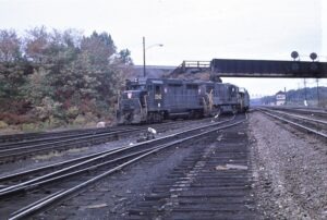 Pennsylvania Railroad | Penn Central Transportation Company | Cresson, Pennsylvania | EMD GP30 #2242 + Alco RSD diesel-electric locomotives | Overhead bridge with target signals | MO Tower | September 1968 | unknown photographer | Steve Timko Collection