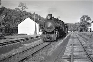 East Broad Top | Saltillo, Pennsylvania | 2-8-2 #18 narrow gauge steam locomotive | Station | October 1954 | Fielding Lew Bowman photograph