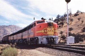 Atchison Topeka and Santa Fe Railway | Walong, California | Alco class PA1 #71 diesel-electric locomotive | Mail train | May 16,1954 | Richard Wallin photograph