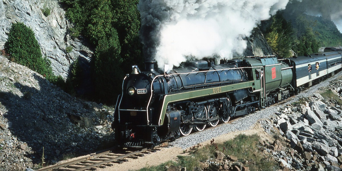 Canadien National | Baie Saint Paul, Quebec, Canada | Class U-1-f 4-8-2 #6060 steam locomotive | Passenger excursion train | September 1976 | Larry Steingarten photograph