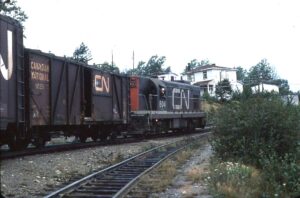 Canadien National | Clarenville, Nfld, Canada| GMD G8 #804 narrow gauge diesel-electric locomotive | Train #205 The Bonavista Mixed | September 1976 | Larry Steingarten photograph