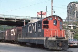 Canadien National | Channel – Port aux Basques, Newfoundland, Canada | GMD Class GR12 #934 narrow gauge diesel-electric locomotive | September, 1976 | Larry Steingarten photograpj
