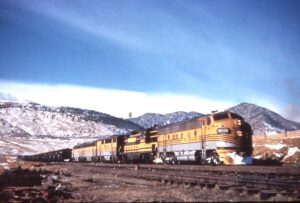 Denver and Rio Grande Western Railroad | Arena, Colorado | EMD F7a #5721 diesel-electric locomotive | freight train | February 8, 1958 | Richard R. Wallin photograph