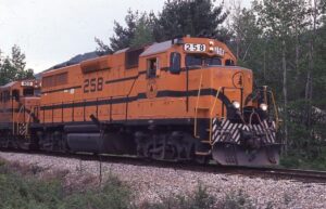 Maine Central | Bartlett, New Hampshire | EMD GP38 #258 diesel-electric locomotive | May 23, 1982 | Richard B. Gassett photograph | John Wilson collection
