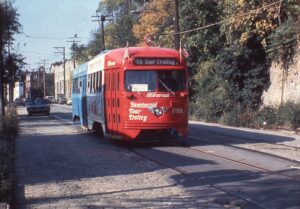 PAT | Port Authority of Allegheny County | Pittsburgh, Pennsylvania | PCC trolley car #1788 | Bicentennial Tour trolley | Route 49 | Arlington Avenue | October 12, 1975 | Harold Smith | Morning Sun Books collection