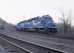 Conrail | Rockville, Pennsylvania | EMD SD40-2 6507 and 6508 diesel-electric locomotives | Westbound freight | April 15, 1996 | Dick Flock photograph
