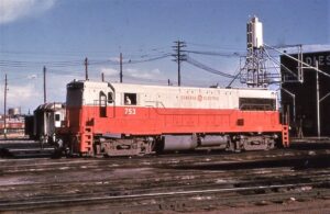 General Electric Transportation Company | Denver, Colorado | CB&Q Railroad | Class U25B #753 diesel-electric locomotive | August 1961 | Richard Wallin photograph | Morning Sun Books collection