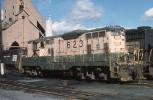 Reading Company | Reading, Pennsylvania | Class EMD GP7 #623 diesel-electric locomotive | Green and Yellow paint scheme | September 1, 1974 | Bill Brennan photograph | Morning Sun Books collection                   Fielding Lew Bowman photograph