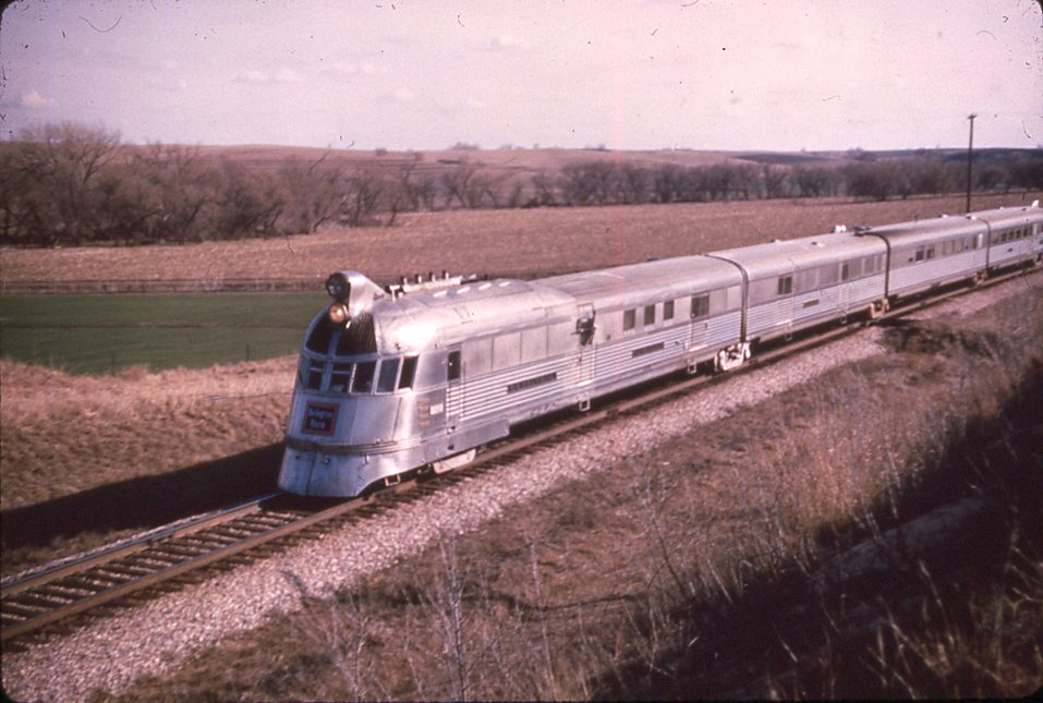 Chicago, Burlington & Quincy Railroad | CB&Q | Lincoln, Nebraska | EMC/Budd Pioner Zephyr #9900 diesel-electric | Passenger train | April 1958 | Richard Wallin photograph | Richard Prince Collection