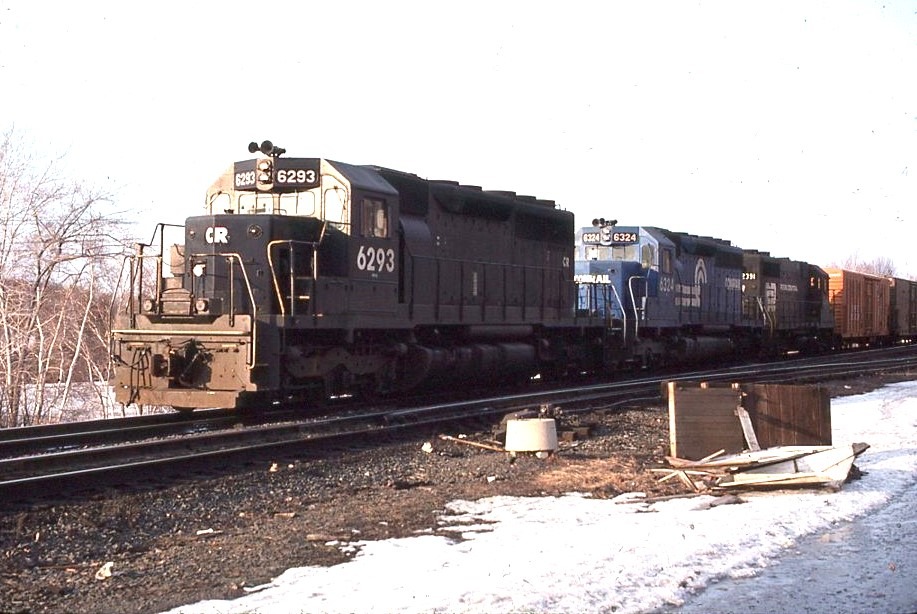 Conrail | Framingham, Massachusetts | EMD SD40 #6293 SD40-2 #6324 and GP35 #2391 diesel-electric locomotives | March 1, 1977 | John Wilson photograph