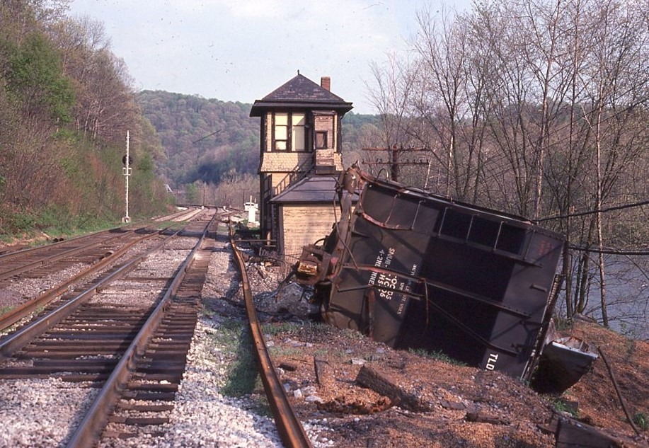Baltimore and Ohio | Perryopolis, Pennsylvania | Perryopolis Tower | after train wreck | May 8, 1979 | Dave McKay photograph | Morning Sun Books collection