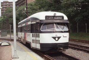 New Jersey Transit | PSNJ | Newark, New Jersey | PCC car #5 | Franklin Avenue Station | August 30, 1988 | Harold Smith photograph | Charles Anderson collection