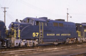 Bangor and Aroostook | Northern Maine Junction, Maine | EMD BL2 #57 diesel-electric locomotive | October 7, 1970 | Jack de Rosset photograph | Morning Sun Books collection