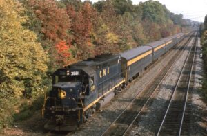 Central Railroad of New Jersey | Fanwood, New Jersey | EMD GP40P #3681 diesel-electric locomotive | Commuter train | October 1975 | Larry Steingarten photograph