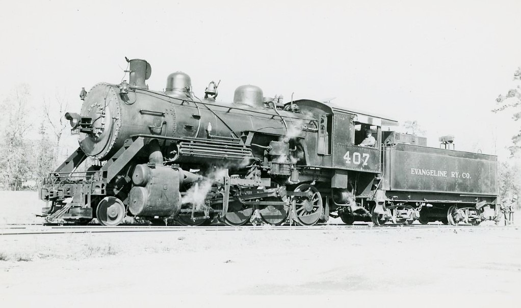 Evangeline Railway | Evangeline Junction, Louisiana | Class 2-8-0 #407 Consolidation steam locomotive | November 11, 1952 | Robert P. Morris photograph | Elmer Kremkow Collection