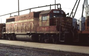 Gulf Mobile and Ohio | GM&O | EMD GP38 #702 diesel-electric locomotive | Memphis, Tennessee | March 31, 1986 | Dick Flock photograph