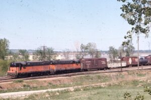 Milwaukee Road | Sugar Creek, Missouri | FM H16-44 #429 and 417 diesel-electric locomotives | Freight Train ENGS | May 3, 1970 | John P. Stroup photograph | Morning Sun Books colelction