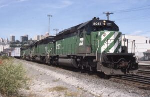 Burlington Northern | Seattle, Washington | EMD SD40-2 #8057, 8072, 8007 and SD9 6198 diesel-electric locomotives | 1985 | Dick Flock photograph