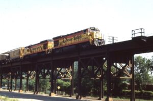 Chessie System | C&O | Richmond, Virginia | GE B30-7 #8240 + 1 diesel electric locomotives | on trestle | May 11, 1986 | Dick Flock photograph