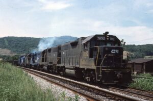 Conrail | Wellsburg, Ohio | EMD GP38 #7852 + 7852,7790,7560,8027 and 8916 | Coal train | July 10, 1977 | David Hamley photograph | Morning Sun Books collection