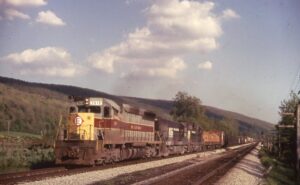 Conrail | Erie Lackawanna | Dalton, New York | EMD SD45 #3618 + 2 PC diesel electric locomotives | May 29, 1976 | Richard Wallin photograph | Richard Prince collection