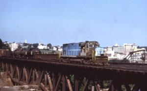 Lehigh and Hudson River Railway | Phillipsburg, New Jersey | Alco C420 #23 diesel-electric locomotive | on CRNJ Bridge | August 8, 1971 | Richard Wallin photograph | Richard Prince Collection