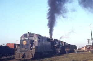 Norfolk and Western Railway | Conneaut, Ohio | EMD GP35 #3540 diesel-electric locomotive + NPR 2-8-4 #759 steam locomotive | Passenger special | September 5, 1969 | Emery Gulash photograph | Steve Timko collection