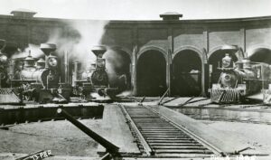 Philadelphia and Reading | Reading Company | Philadelphia, Pennsylvania | Locomotive #459 + 4 steam engines | 3rd and Berks Roundhouse | 1885 | P&R photograph | John Bowman, Jr. collection